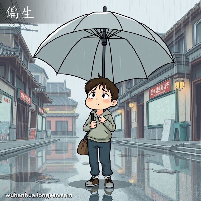 一个人在大雨中手持雨伞，脸上露出失望和无奈的表情，背景是武汉的街道和阴沉的天气