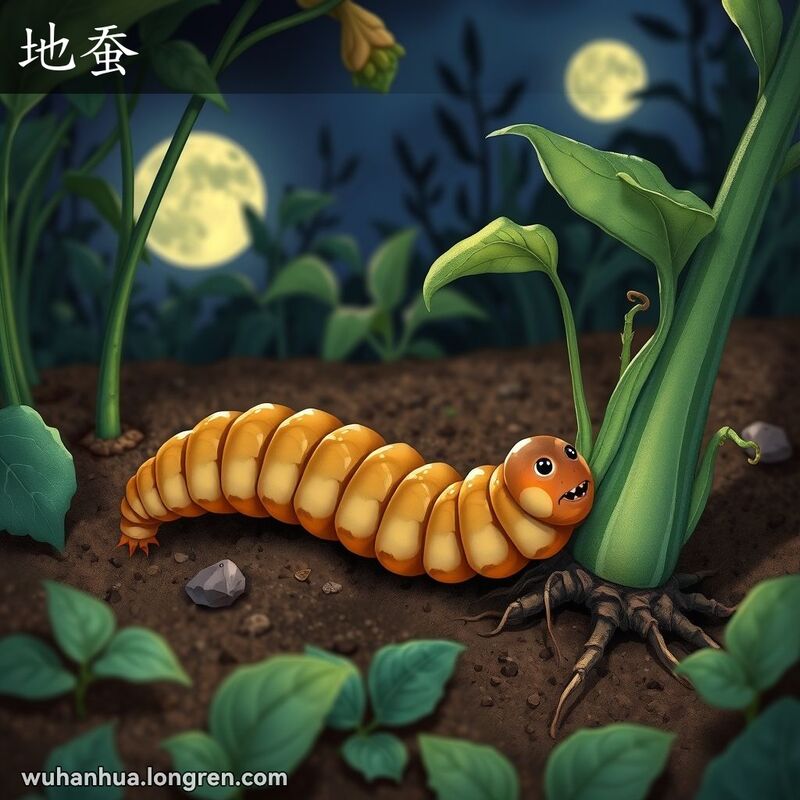 夜晚花园中的地蚕正从土壤中钻出，准备啃食植物的根，植物略显枯萎，月光柔和地照亮了场景。