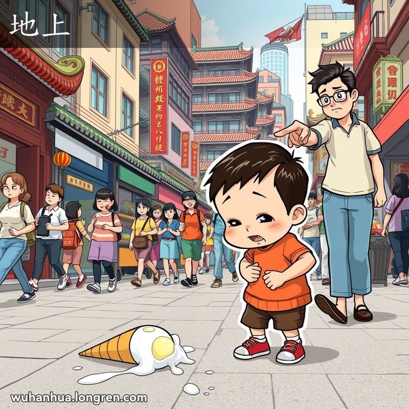 武汉街头，小孩把冰淇淋掉在地上，露出失望的表情，旁边的大人指着地上的冰淇淋，示意孩子清理。