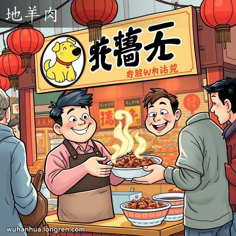 武汉街头市场，摊主在食品摊前热情地为顾客盛一碗热气腾腾的“地羊肉”，背景是热闹的市场场景。