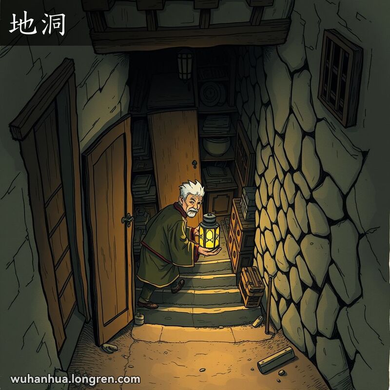 一位老人手持灯笼走下通往地下室的楼梯，地下室昏暗，堆满旧家具和箱子