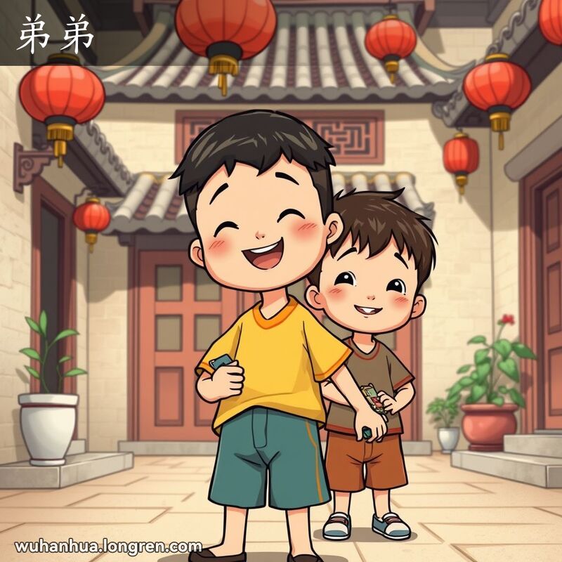 一位年约8岁的男孩在传统武汉庭院中玩耍，背景中有他的哥哥，庭院有红灯笼和盆栽。