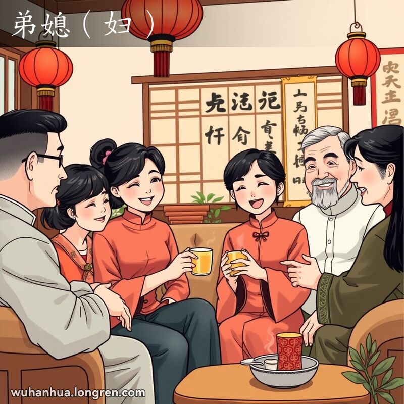 一个传统中国家庭聚会场景，年轻女性坐在丈夫旁边，周围是家人，背景有红灯笼和书法挂轴