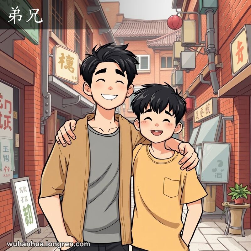 两位年轻男子在武汉老街巷中并肩而立，展现兄弟情谊，背景是武汉老街景