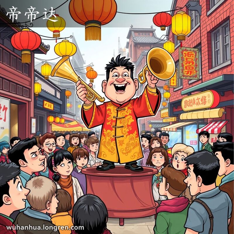 一位穿着传统服饰的男子在武汉街头手持喇叭，表情夸张，周围人群或愉快或怀疑，背景是武汉街景。