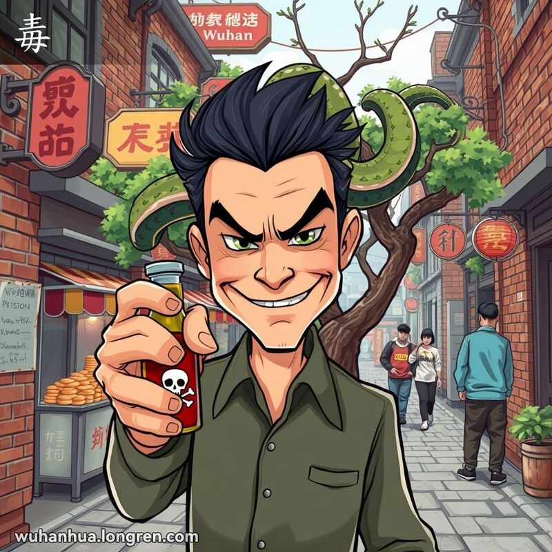 一位男子在武汉老街背景前手持毒药瓶，表情狡黠，背后有蛇缠绕在树上