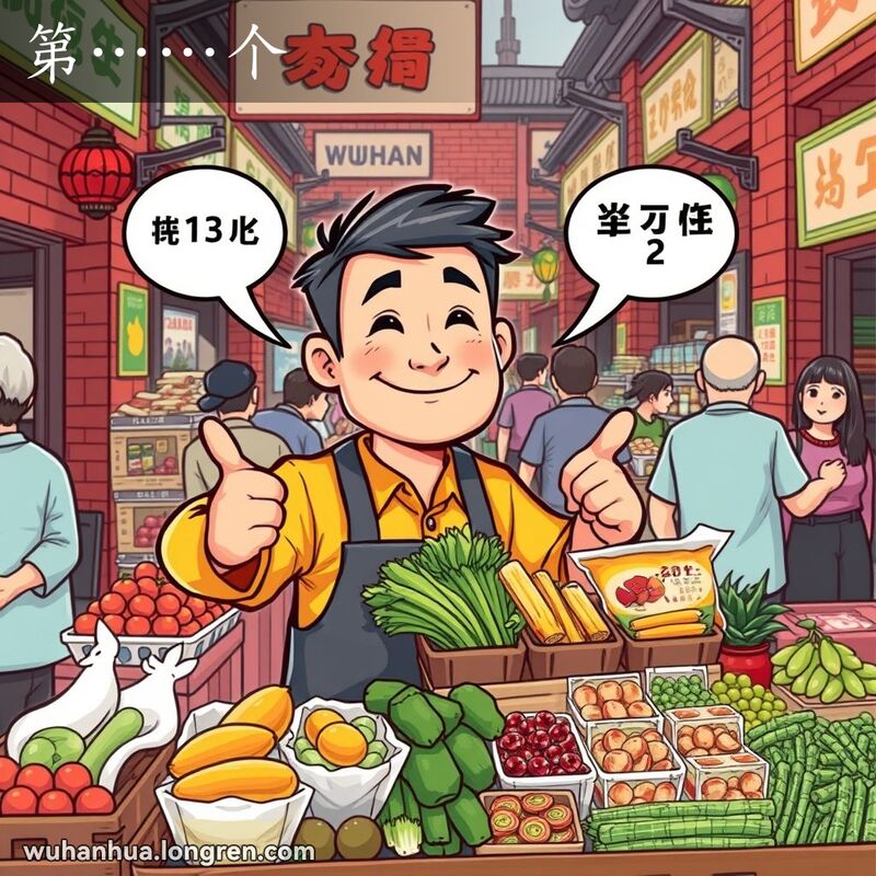 武汉市场中，摊贩指着不同商品，表示顺序，背景有其他摊贩和顾客。