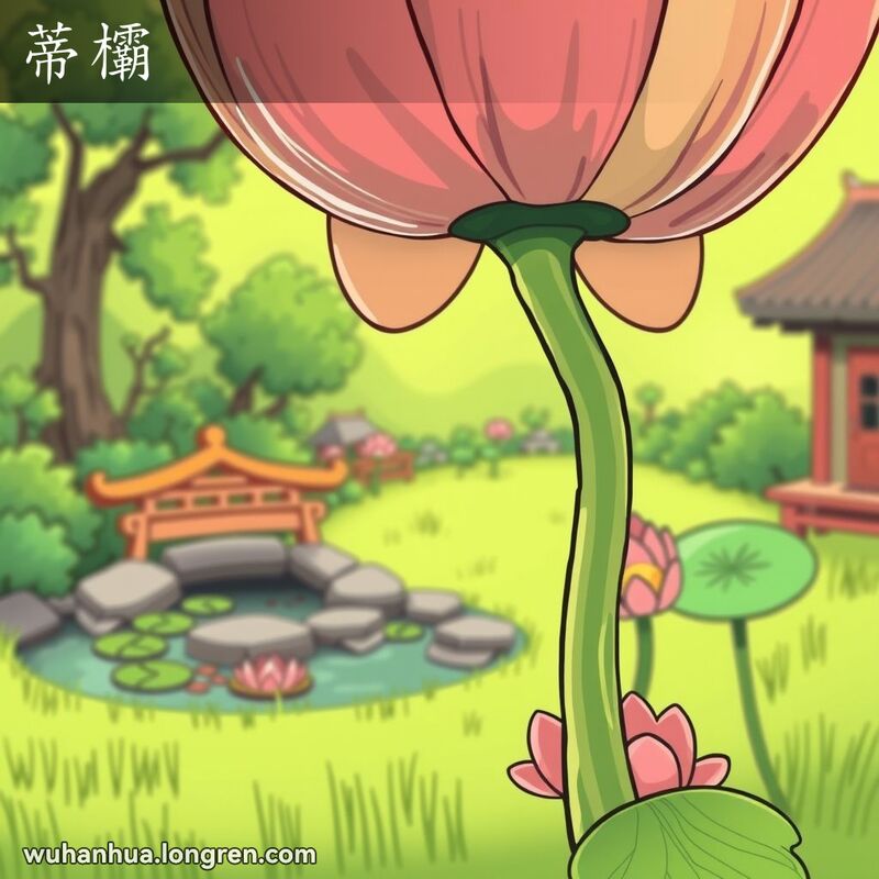 一朵鲜艳的花朵，花柄清晰可见，背景是茂盛的绿色植被，传统中国庭院元素