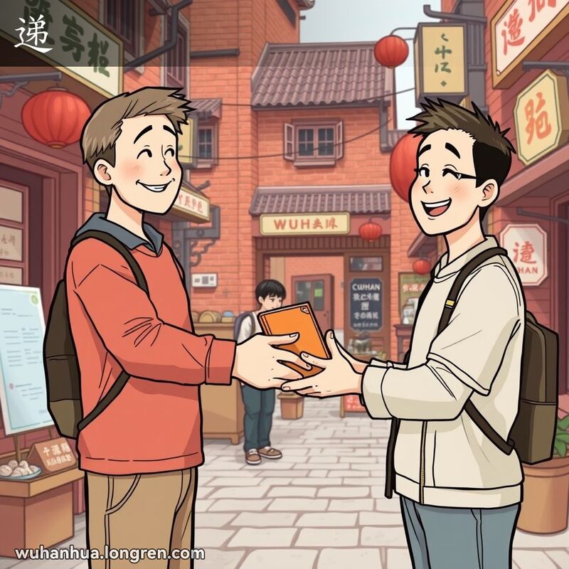 两个人在武汉老街上友好交流，一个人递书给另一个人，背景是武汉老街景