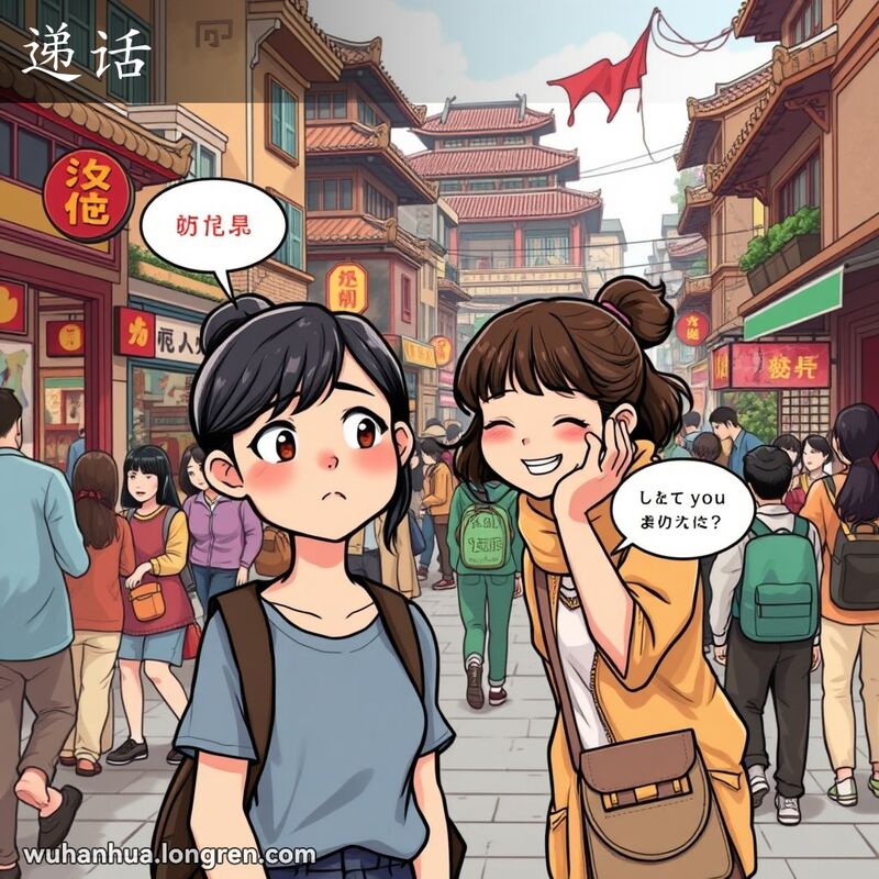一位年轻女子在武汉街头显得困惑，朋友凑近她耳边低声传达信息，背景是武汉老街景
