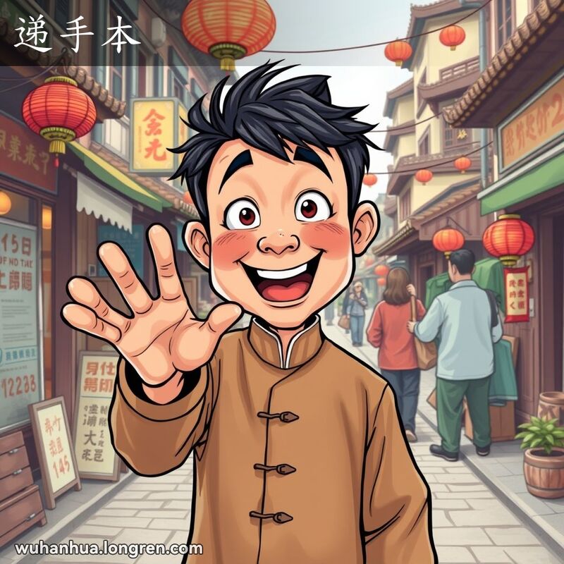 一位身穿传统服饰的人在武汉老街上以夸张的表情伸手乞讨，背景有古色古香的店铺和建筑