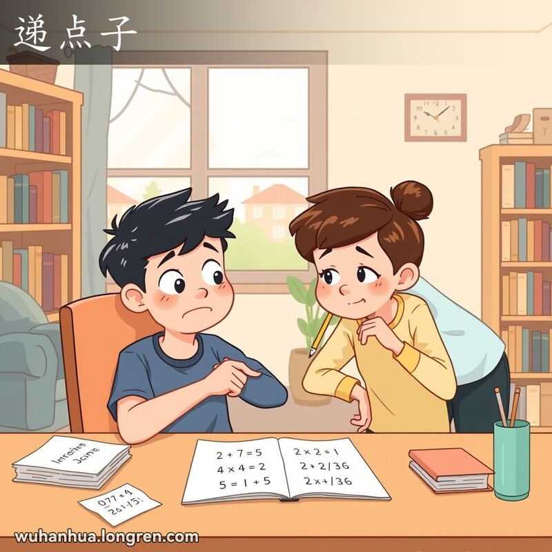 一位年轻人坐在书桌前，面对复杂的数学题，朋友在旁边低声给出提示，背景是温馨的书房。