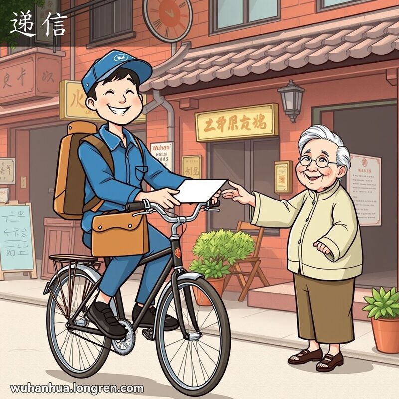 一位邮递员骑自行车在武汉老街递送信件给一位老人