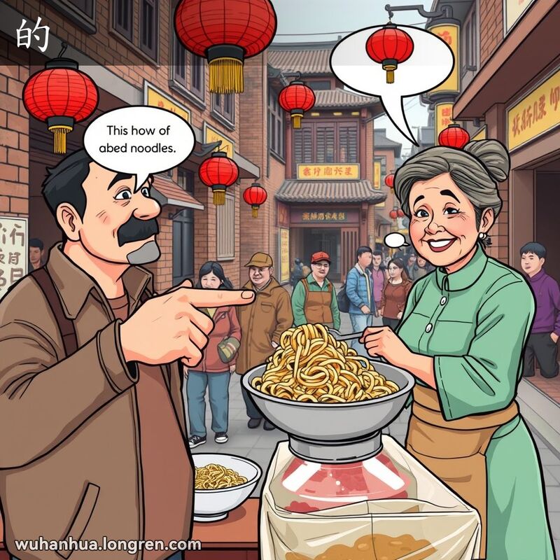 武汉街头，一位男子指着热干面与摊主交谈，背景有老砖墙和红灯笼