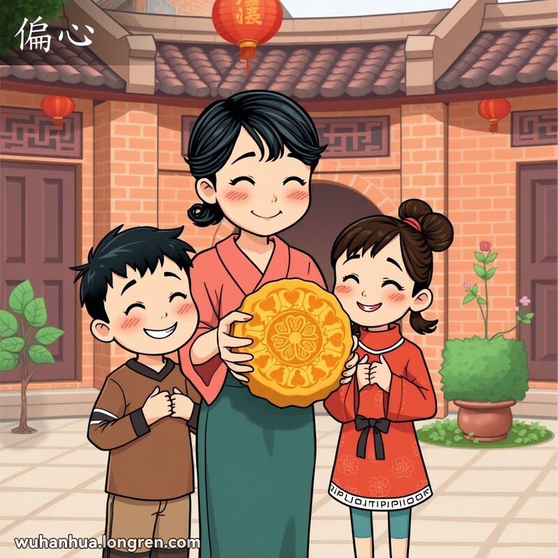 一位母亲在武汉庭院中手持月饼，准备给其中一个孩子，另一个孩子显得失望，表现出偏心的情景。