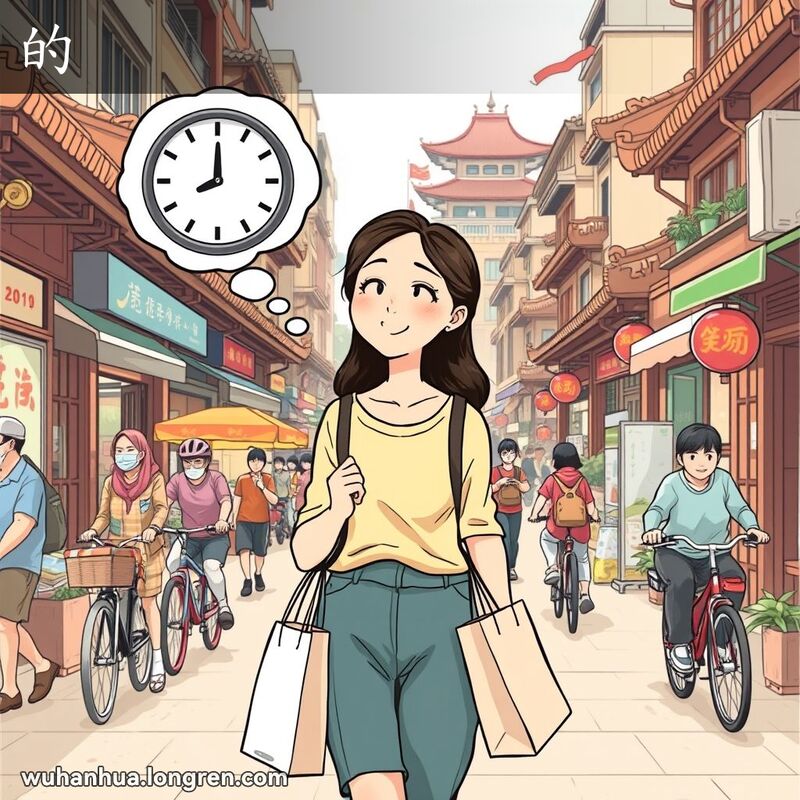 一位年轻女子在武汉街头悠闲行走，头顶思想泡泡中有时钟，背景有小贩和行人。