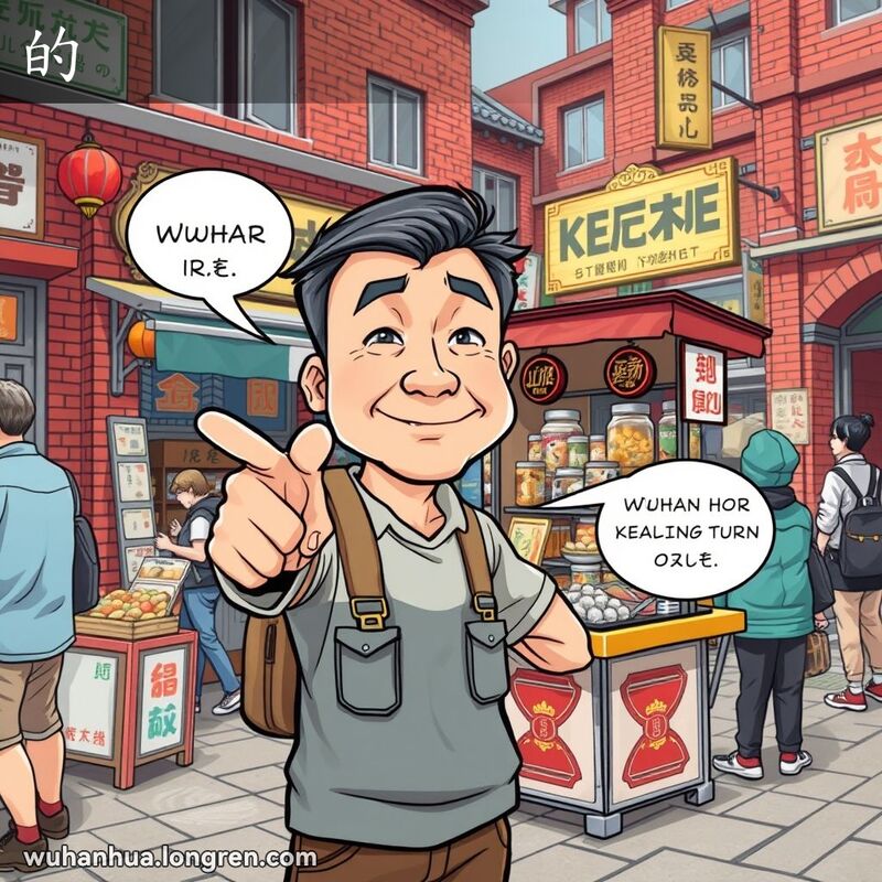 一位武汉市民在街市前指着物品，脸上带着自信和坚定的表情，背景是武汉的传统街市