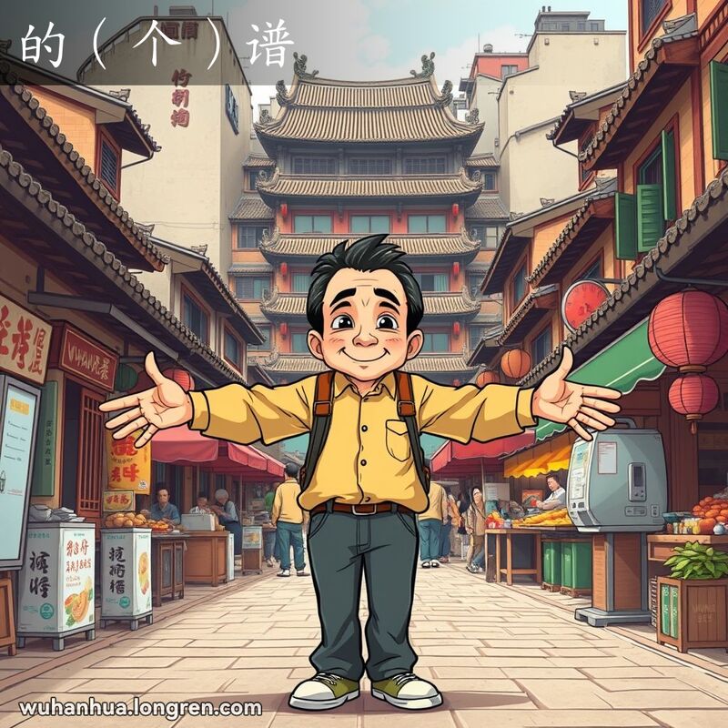 一位武汉市民站在街道上，双臂展开指向两侧，背景是繁忙的市场和老旧建筑