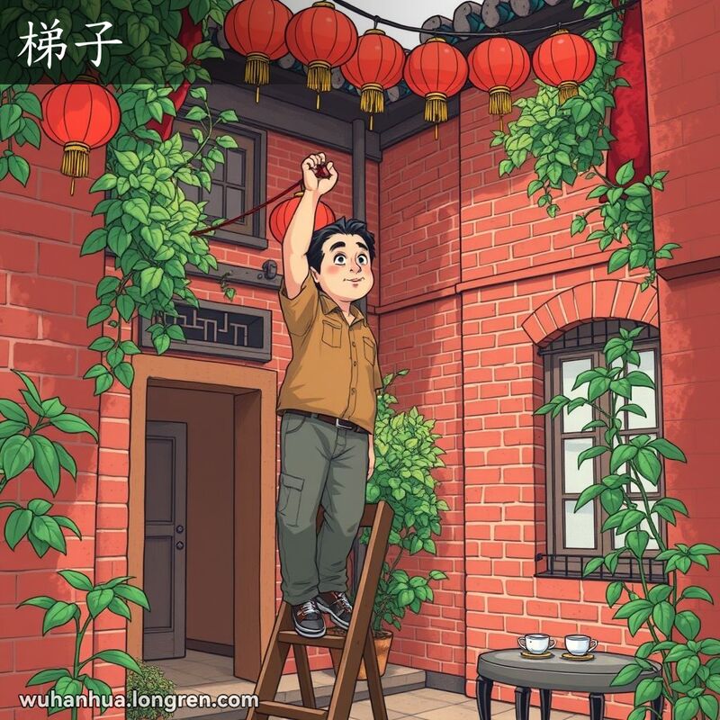 一位中年男子站在武汉庭院的梯子上修理红灯笼，背景有红砖墙和盆栽