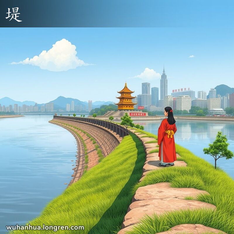 一条沿河的堤坝，堤坝上有绿草和树木，一位武汉居民站在堤坝上眺望河流，背景是黄鹤楼和武汉天际线
