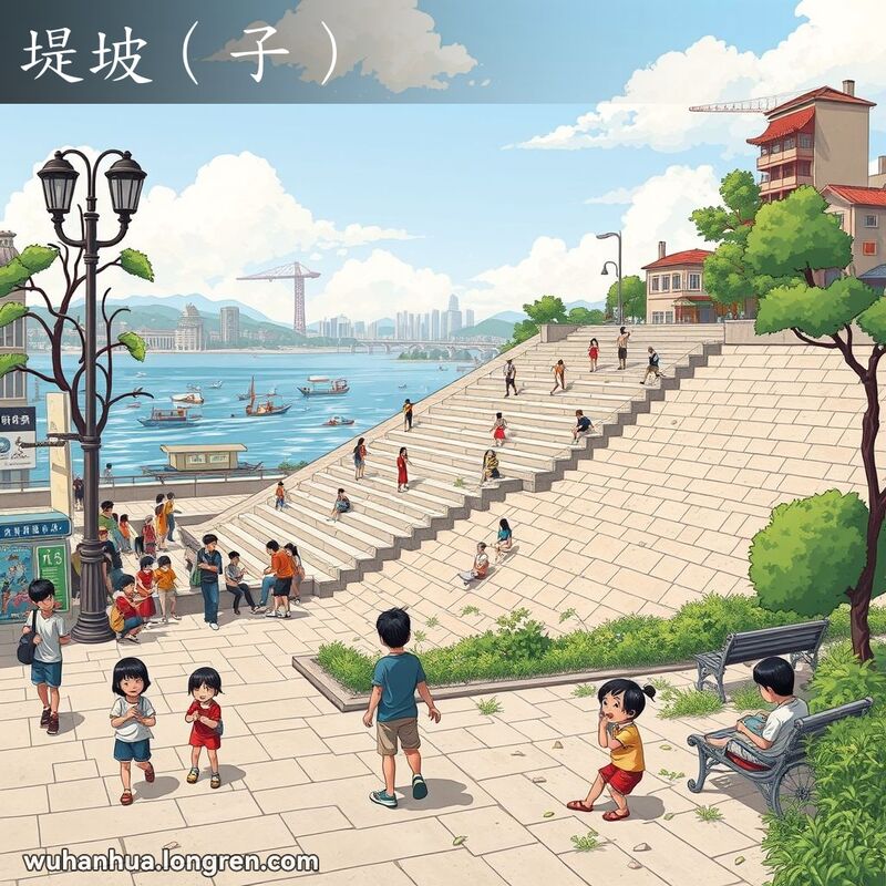 武汉市民在长江边的堤坡（子）上度过愉快时光，堤坡坚固，孩子们嬉戏，成人们欣赏江景，背景有小船和渔民。