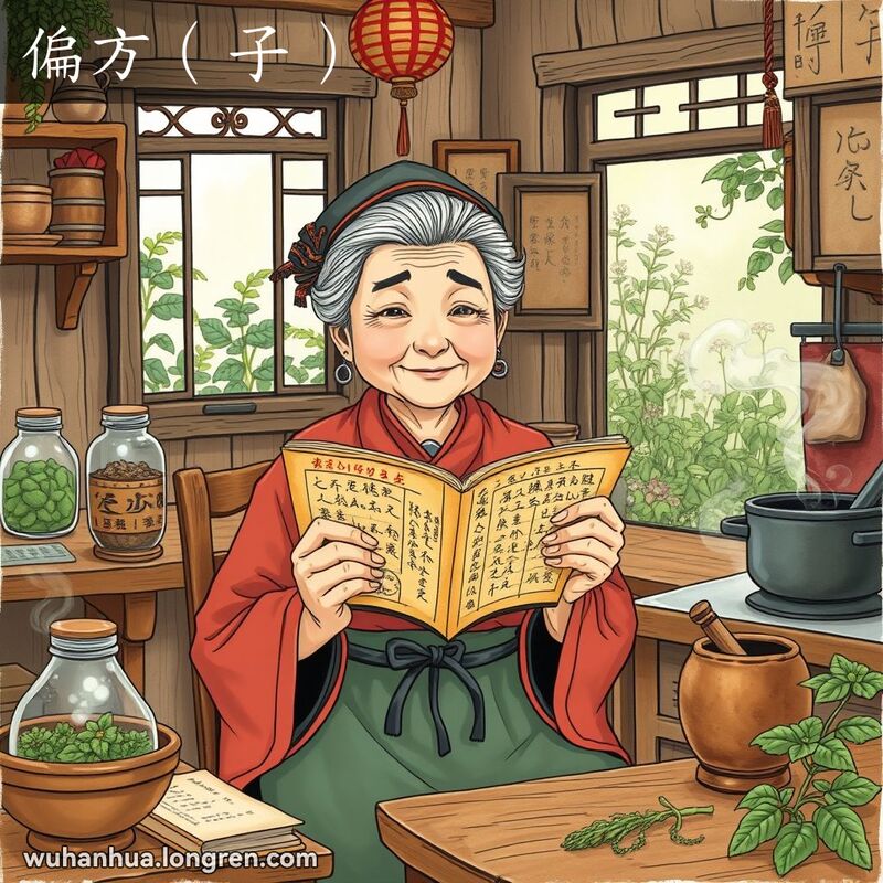 一位武汉老妇人坐在乡村厨房中，手捧药方笔记本，背景是草药和药锅，窗外是药草园