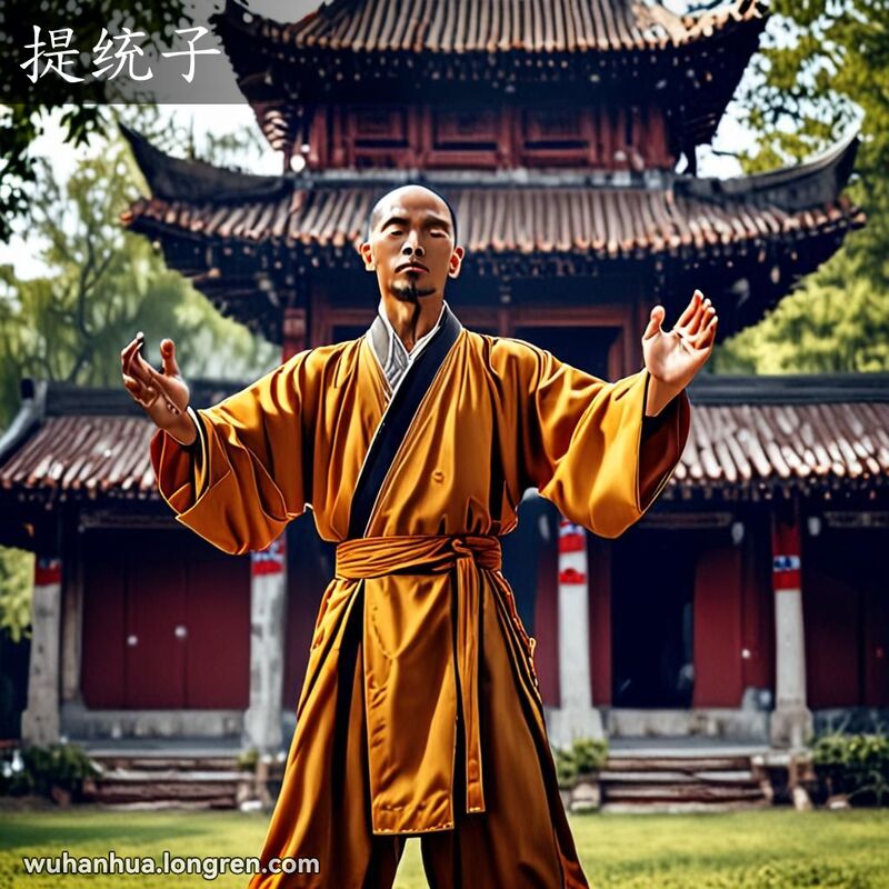 一位身穿传统武术服装的人在户外做气功动作，周围有能量流动的视觉效果