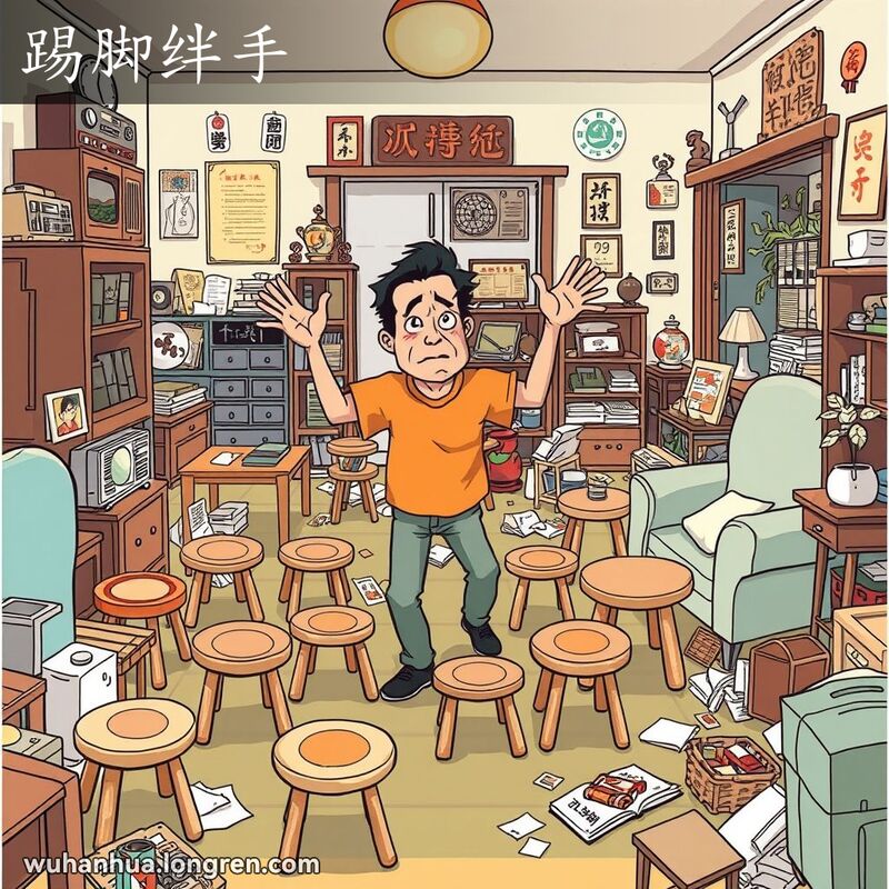 一个人在杂乱的武汉家庭客厅里被凳子和桌子绊倒，表情沮丧和恼怒，背景有老式收音机和旧挂历