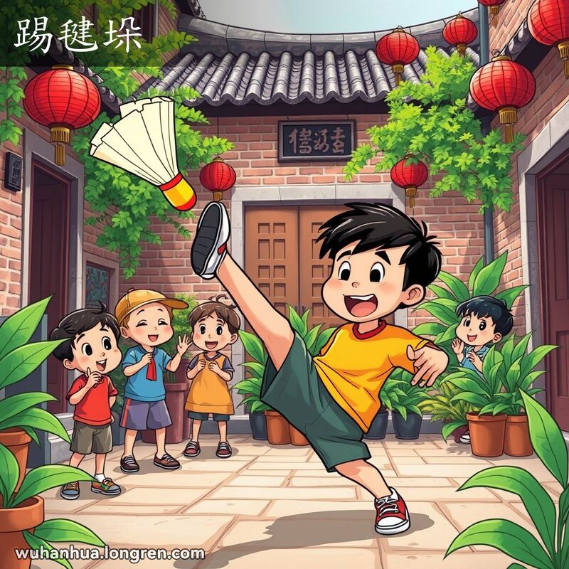 一群孩子在武汉传统庭院中踢毽子，男孩正踢起五彩毽子，其他孩子在旁观看和欢呼，背景有红灯笼和木门