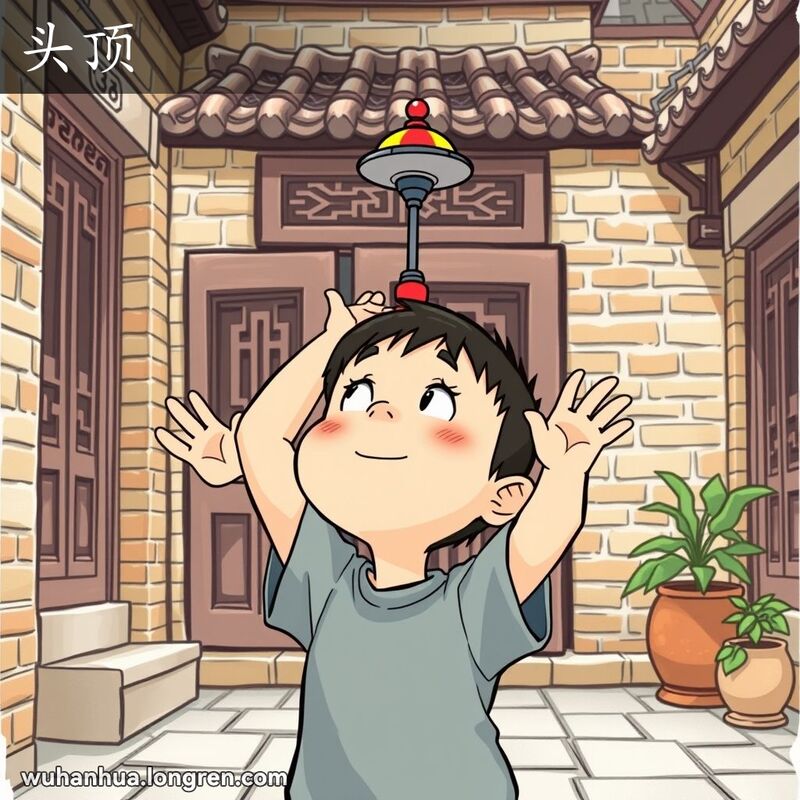 一个小男孩在武汉院落里玩耍，头顶平衡着一个陀螺，背景是旧砖墙和木门。