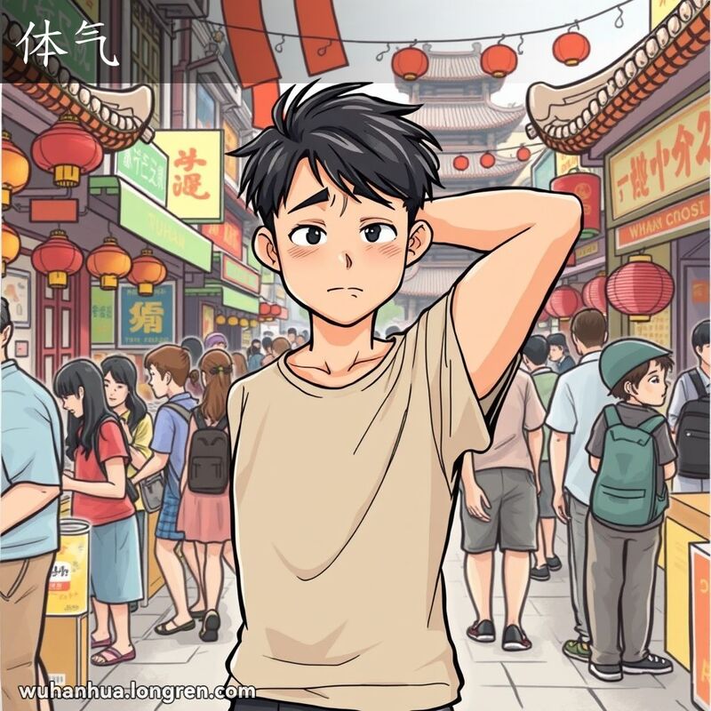一位年轻男子在武汉街市上抬起手臂检查腋下，脸上带着尴尬和不适的表情，背景是热闹的街市。
