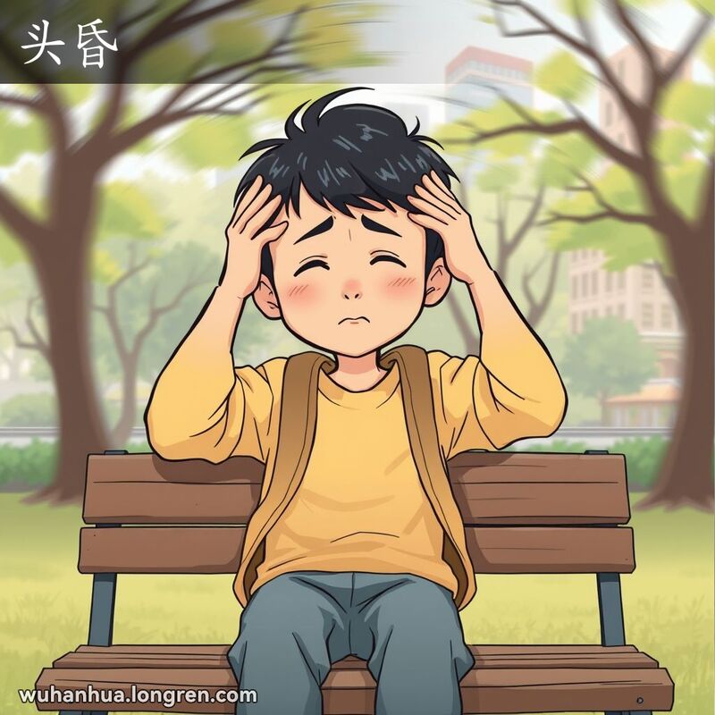 一位武汉市民坐在公园长椅上，双手捂着头，表情困惑且不适，背景中的树木和建筑物模糊旋转，突显了“头昏”的感觉