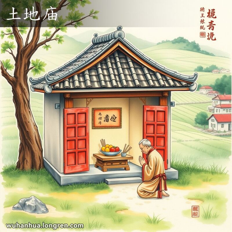 一个小巧的传统中国土地庙，坐落在乡村环境中，老村民在庙内祈祷，背景是绿树和稻田。