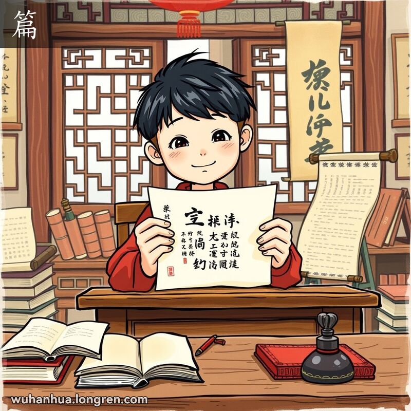 一位年轻学生坐在传统中式教室的木桌前，手持一篇写满汉字的文章，背景是古典的中式窗户和书桌上的毛笔与砚台。
