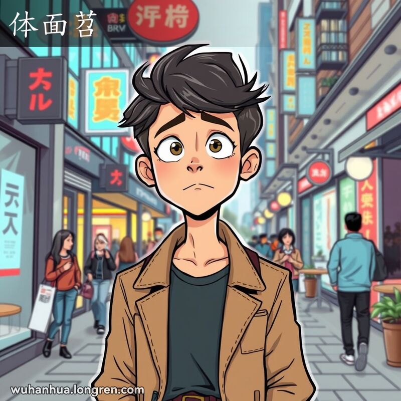 一位年轻时尚的人站在现代城市街头，表情困惑，背景有霓虹灯和摩登建筑