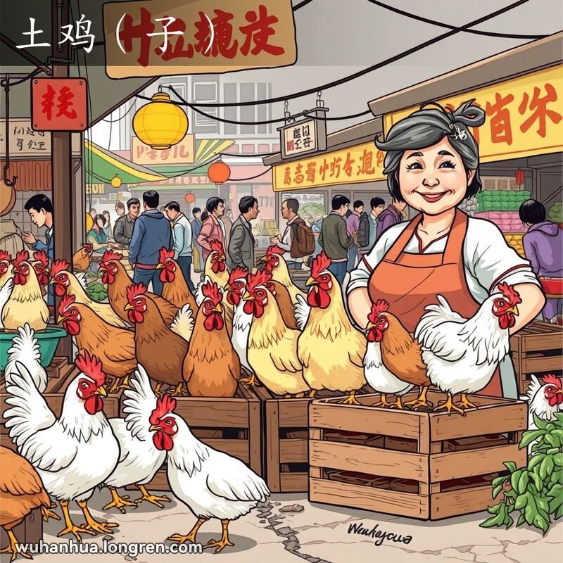 武汉市场中的家禽摊位，摊主展示本地土鸡，背景是繁忙的市场和其他新鲜农产品摊位。