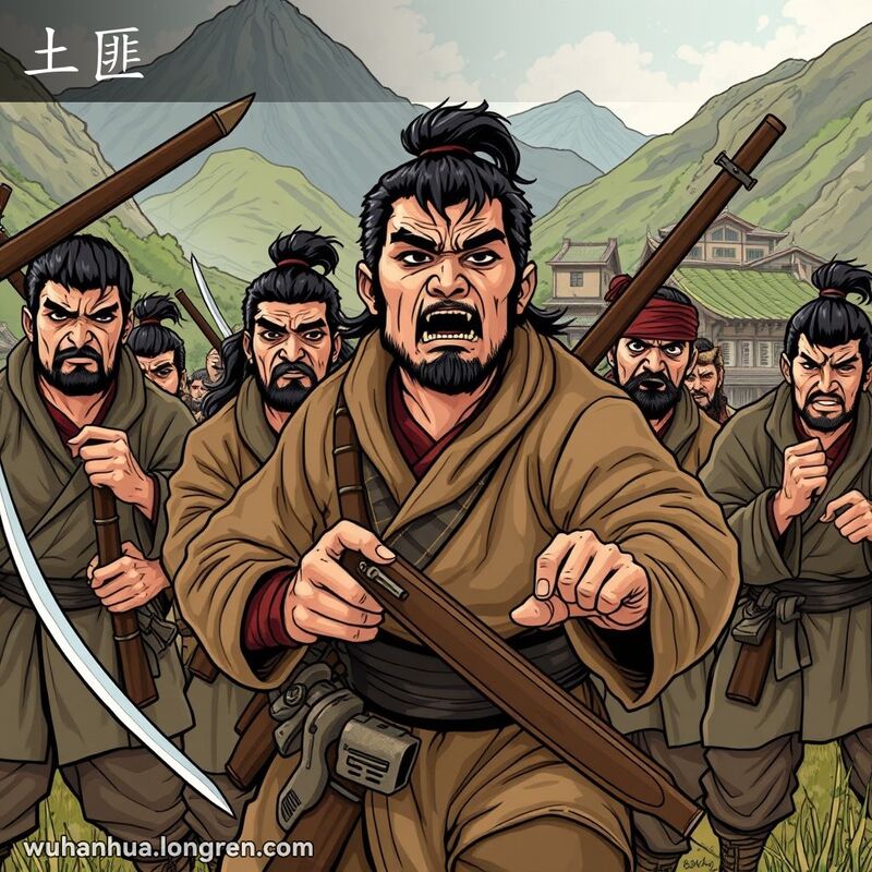 一群穿着传统服装、手持武器的土匪站在山区乡村背景中，表情凶狠，气氛紧张。