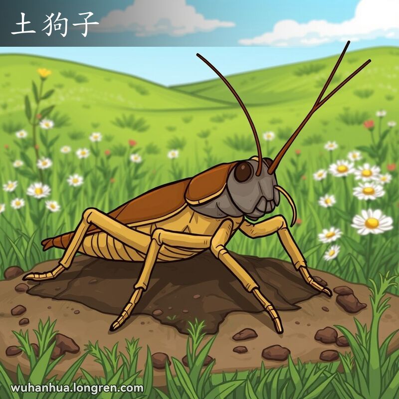 一只土狗子（蝼蛄）在田野上，背景有绿色田野和野花