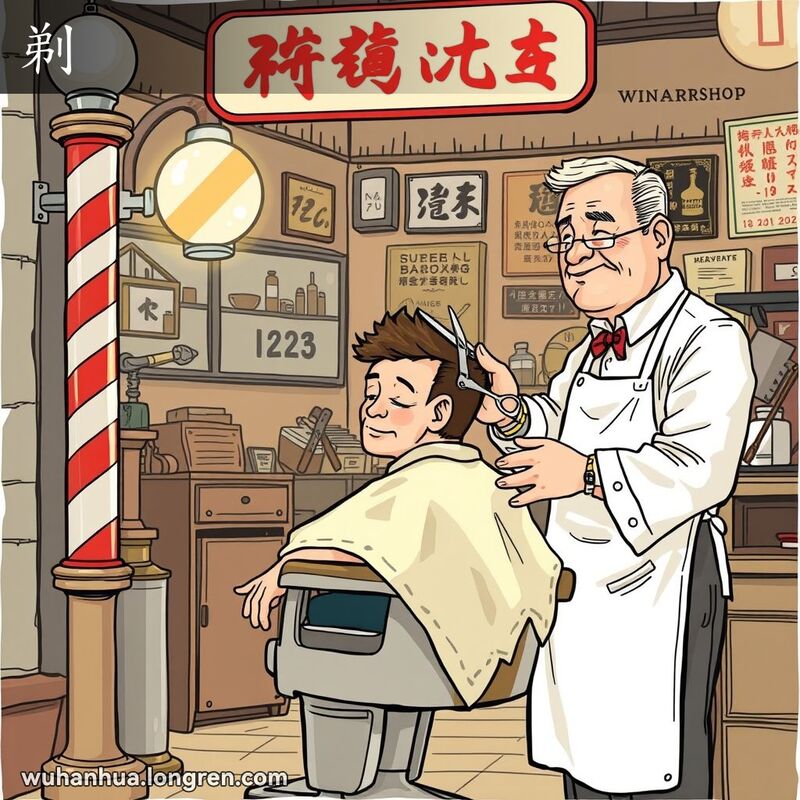 一位理发师在传统理发店内为顾客修剪头发，背景是老式理发工具和复古海报