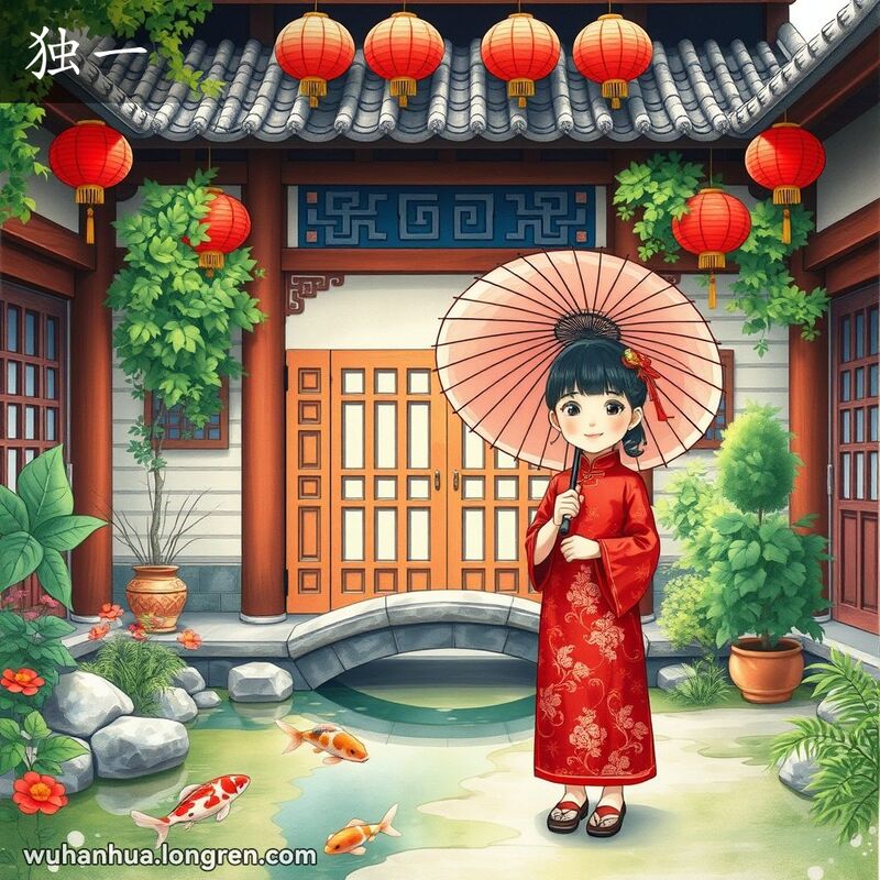 一个传统的武汉庭院中，一位身穿红色旗袍的女孩独自站立，手持纸伞，背景有绿植、池塘和石桥