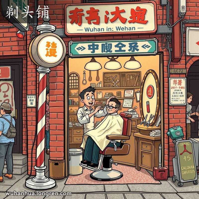 武汉老街上的传统理发店，理发师为顾客理发，背景是热闹的街景