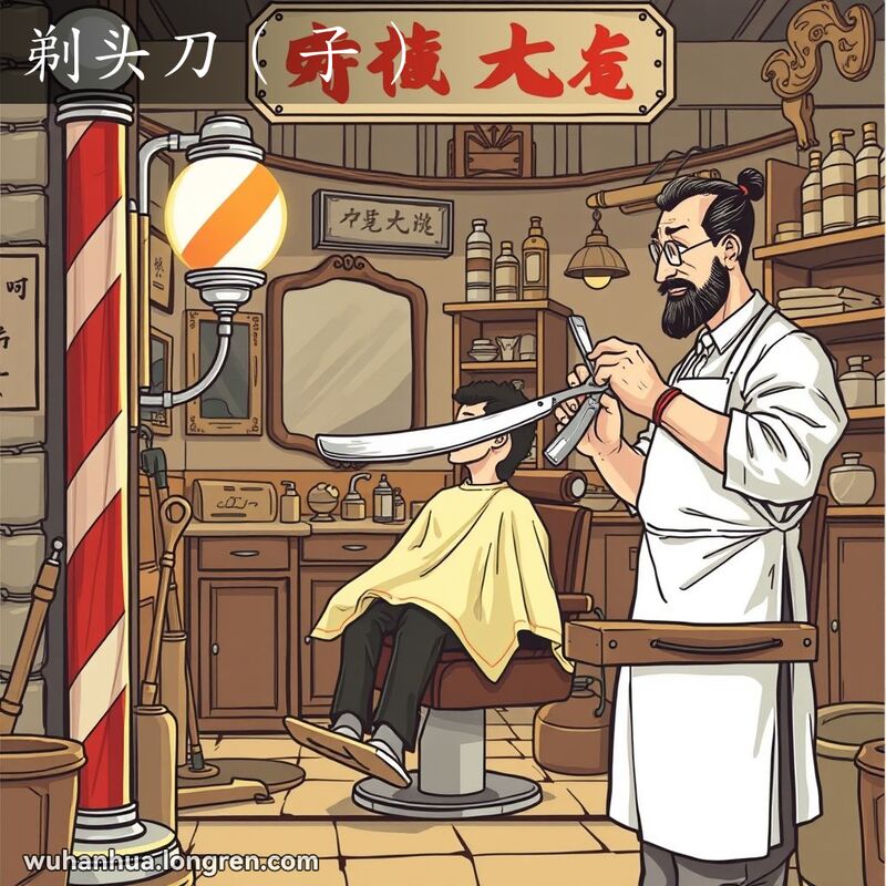 一家传统的武汉理发店，理发师手持剃刀准备为顾客刮脸，背景有旧式理发工具和镜子。