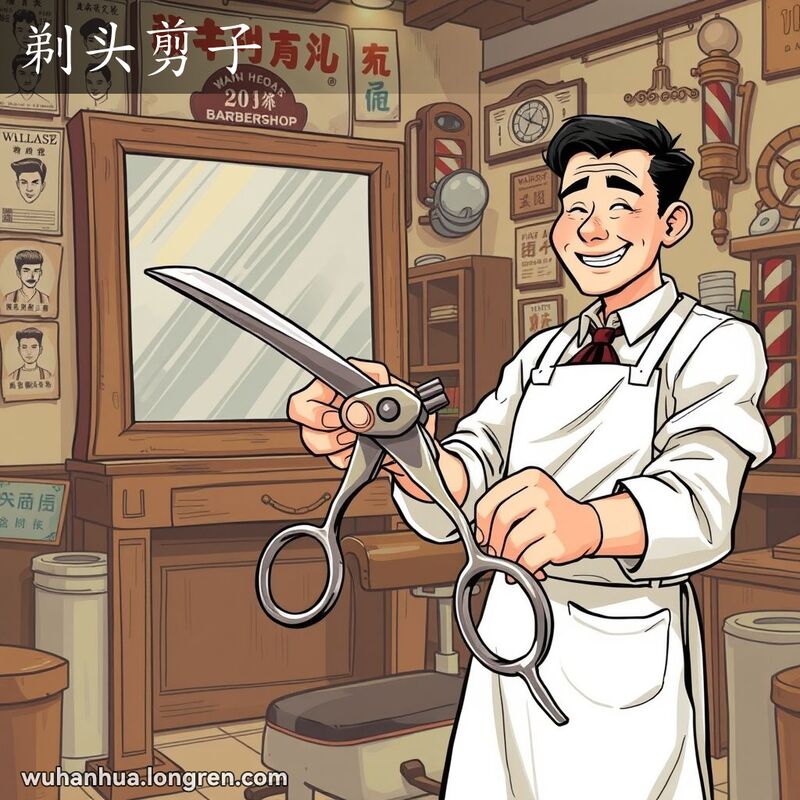一位理发师在传统武汉理发店内，手持老式理发剪刀，背景有旧海报和旋转柱。