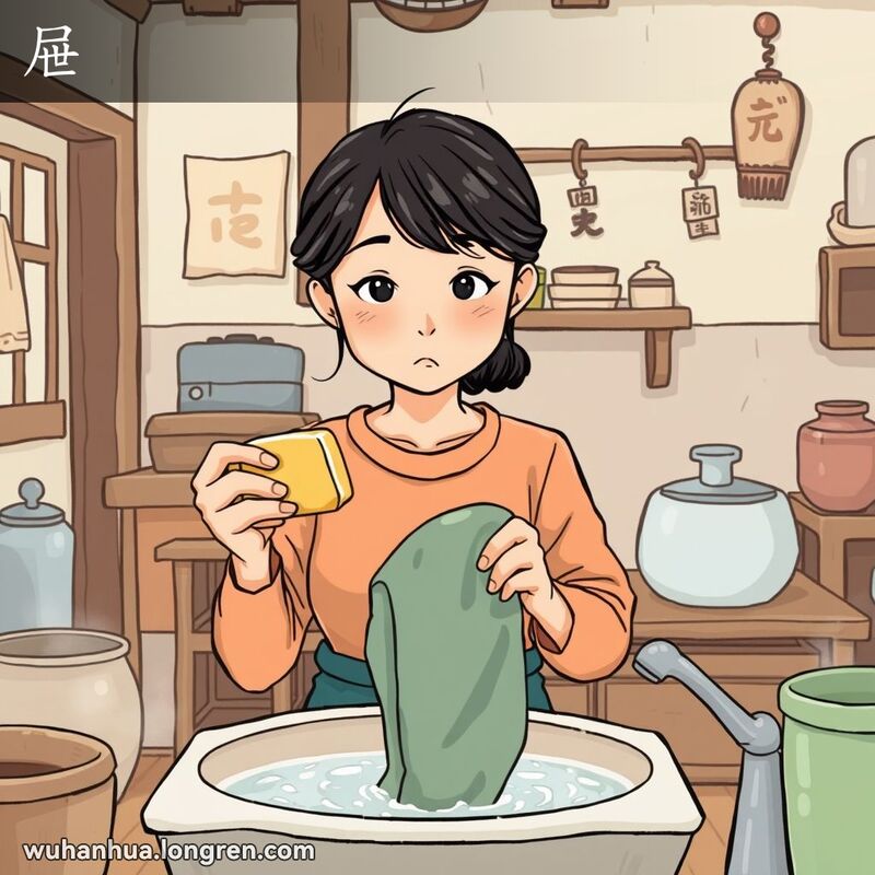 一位妇女在洗衣盆前用肥皂涂抹衣物，背景是传统武汉家庭的厨房