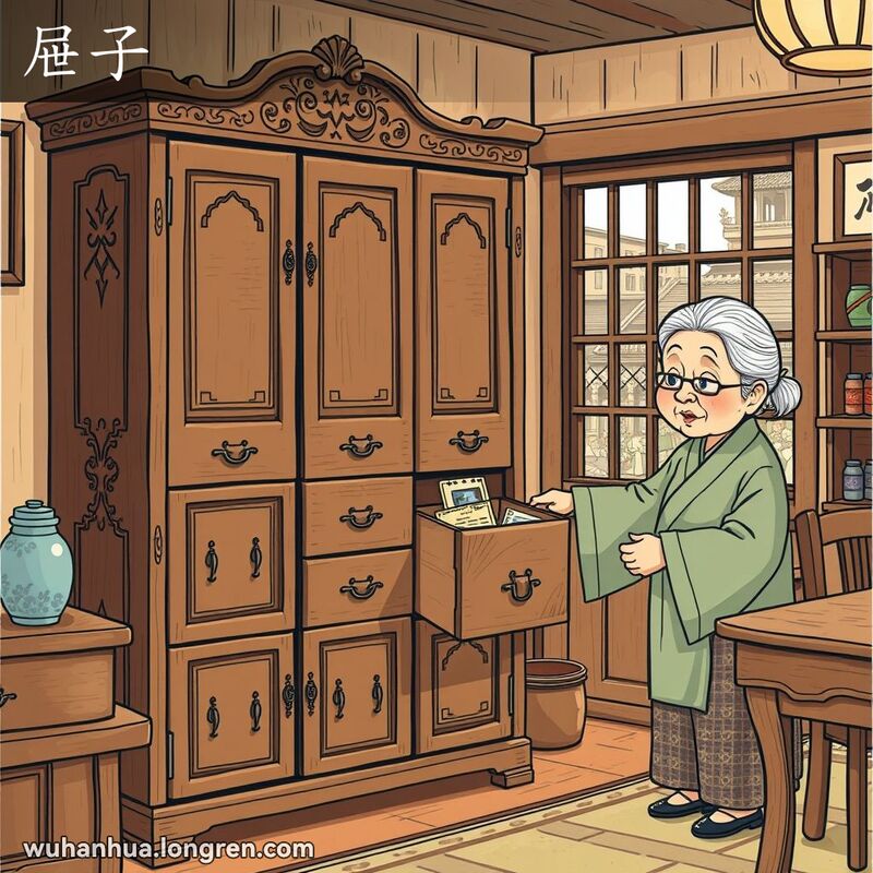 一位奶奶在武汉传统厨房中打开古老橱柜的抽屉，露出怀旧的表情，背景是繁忙的武汉街道。