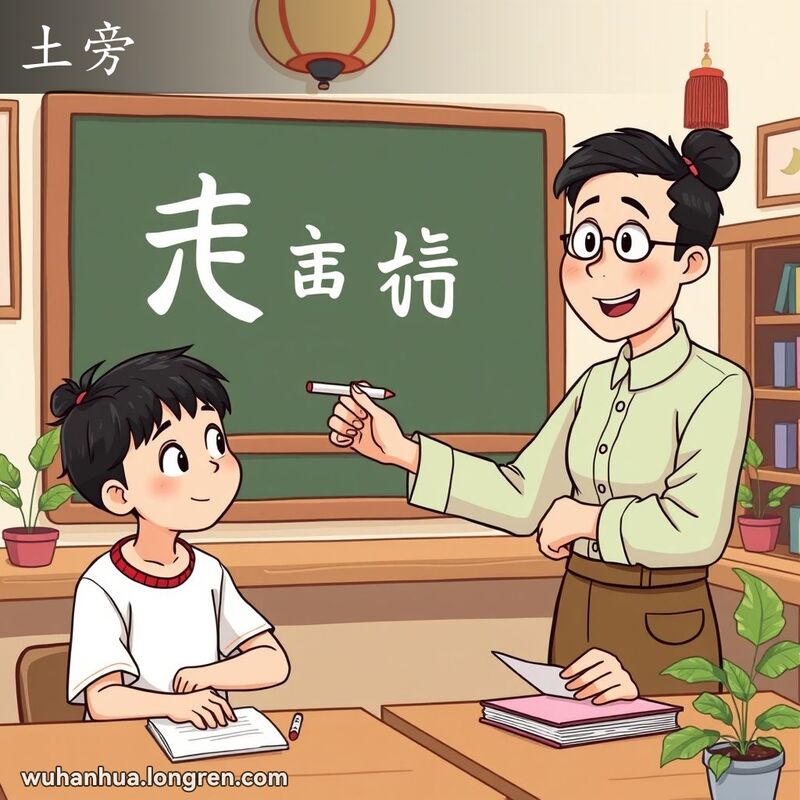 教室里老师指着黑板上的汉字，解释偏旁部首，学生专注听讲并做笔记，背景有传统中国装饰和植物。