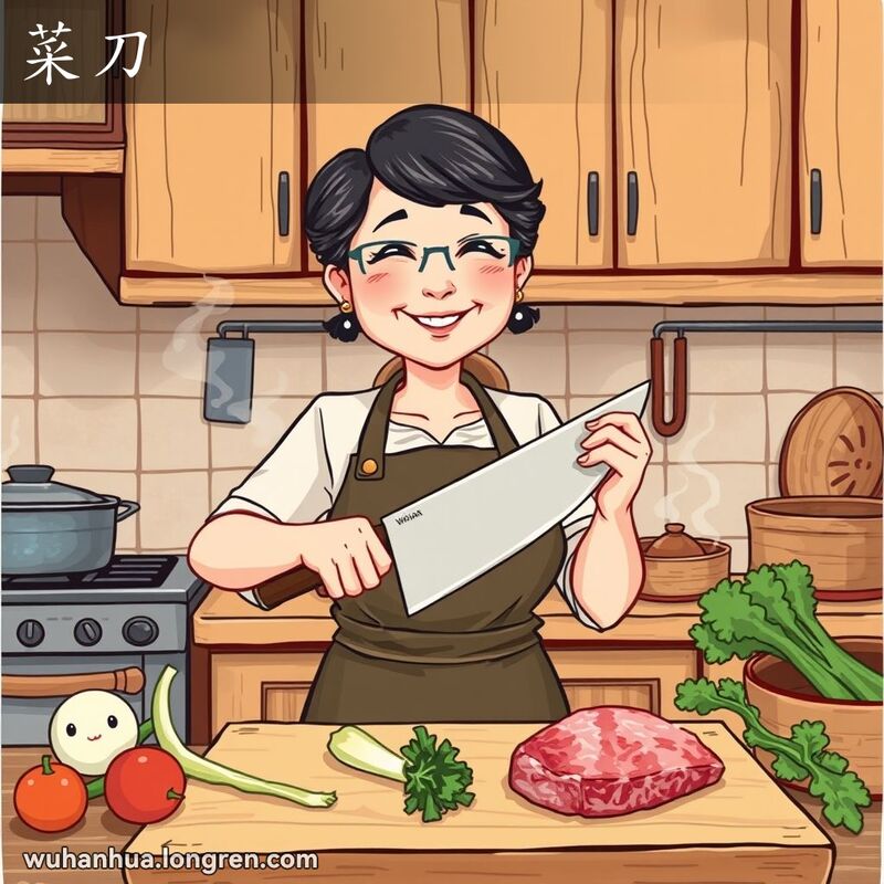 一位中年妇女在传统武汉厨房中手持菜刀准备切菜和肉，背景有炒锅和竹蒸笼等厨房用具。