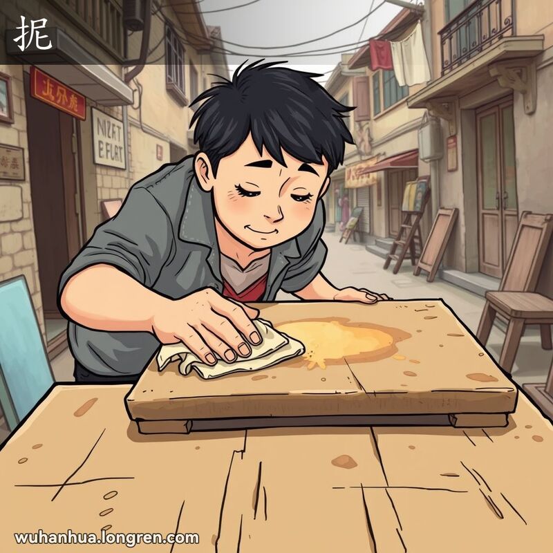 一位武汉市民正在用力擦拭桌子上的污渍，背景是武汉老街景
