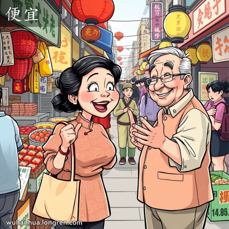 一位中年妇女在武汉街头市场购物，摊主强调商品便宜，背景是热闹的市场场景
