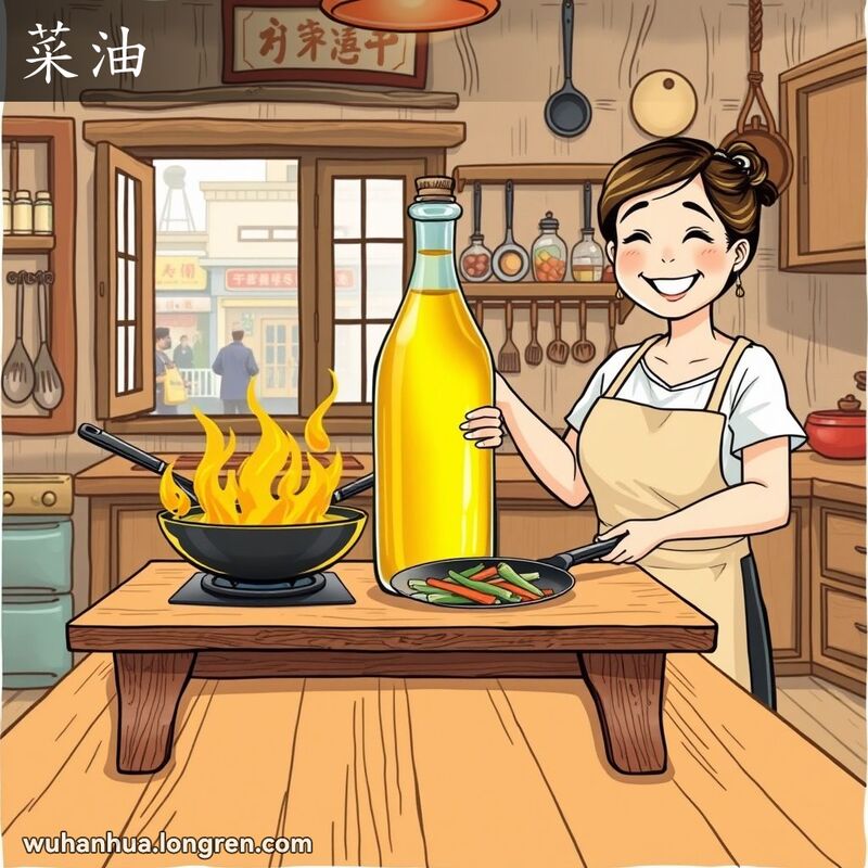 一位武汉妇女在厨房中使用菜油炒菜，背景是传统厨房和武汉街景